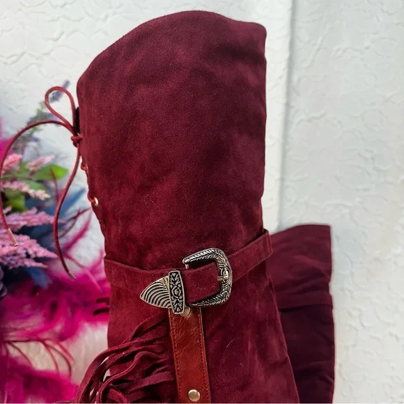 Bohemian Fringe Knee-High Moccasin Boots - Wine (6)‼️NWOB‼️ - Picture 11 of 15